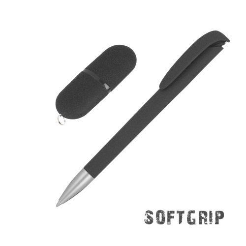 Набор ручка + флеш-карта 16 Гб в футляре, черный, покрытие soft grip, черный