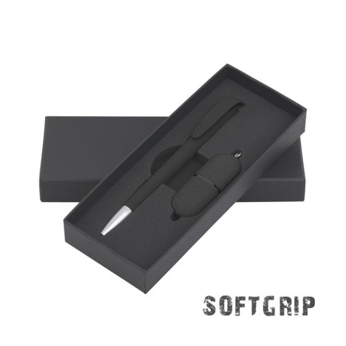 Набор ручка + флеш-карта 16 Гб в футляре, черный, покрытие soft grip, черный