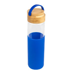 Бутылка стеклянная с силиконовой манжетой и бамбуковой крышкой  Glass, синяя